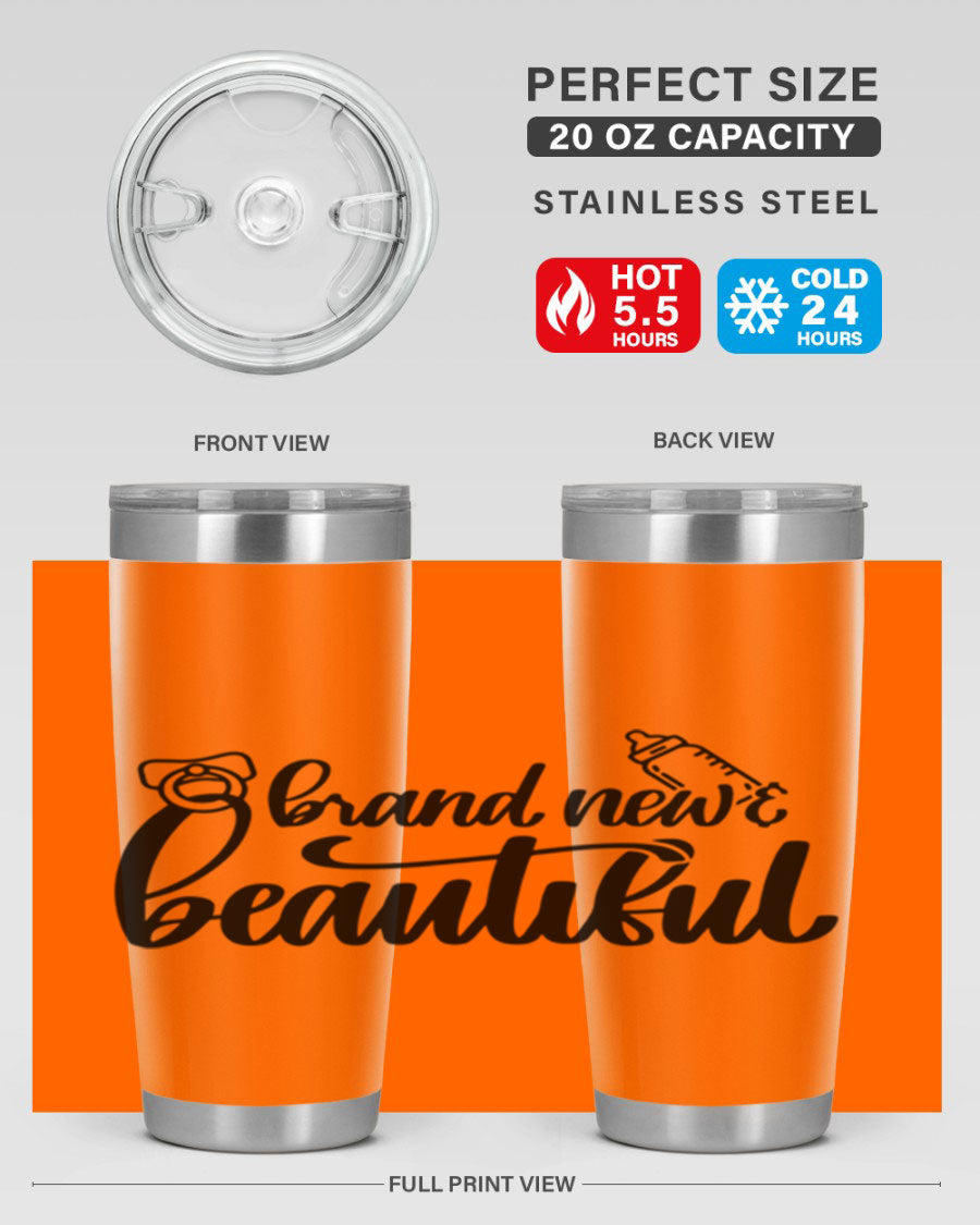 Brand New Beautiful Style 107# baby tumbler in stainless steel with a vibrant design, showcasing its double wall vacuum insulation and drink-thru lid.