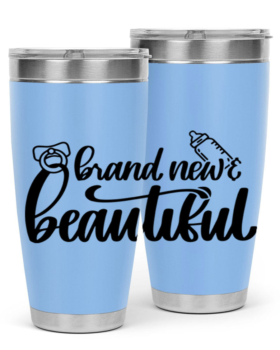 Brand New Beautiful Style 107# baby tumbler in stainless steel with a vibrant design, showcasing its double wall vacuum insulation and drink-thru lid.