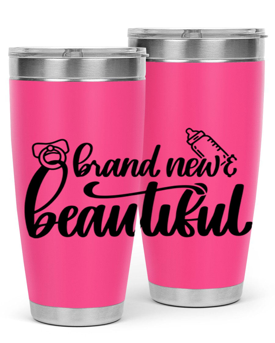 Brand New Beautiful Style 107# baby tumbler in stainless steel with a vibrant design, showcasing its double wall vacuum insulation and drink-thru lid.