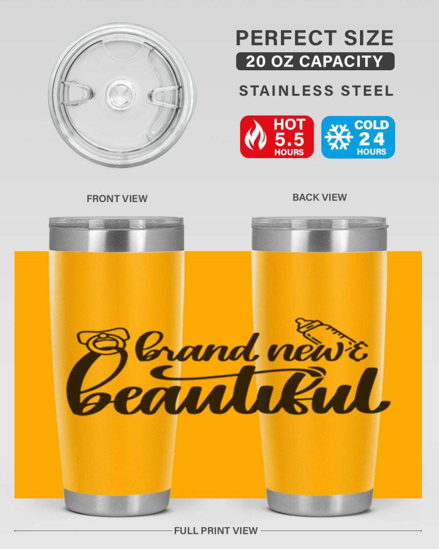 Brand New Beautiful Style 107# baby tumbler in stainless steel with a vibrant design, showcasing its double wall vacuum insulation and drink-thru lid.