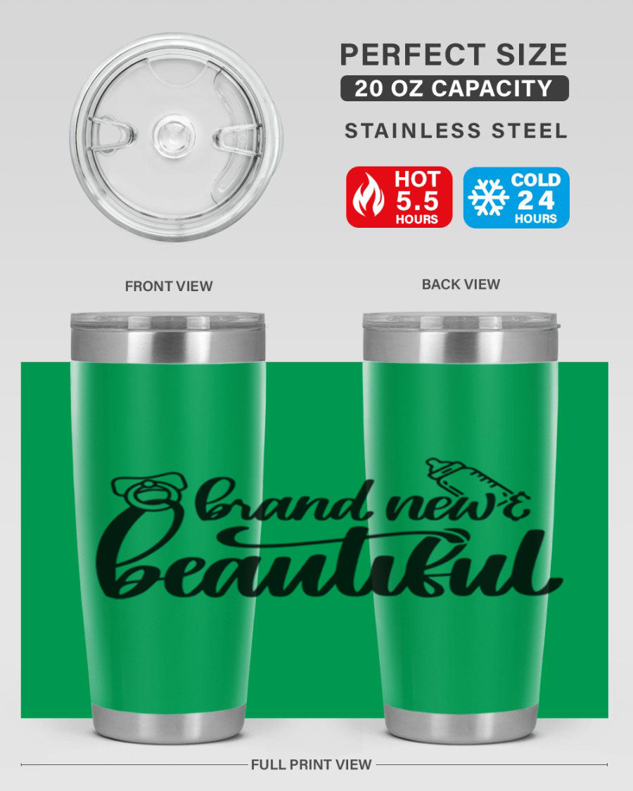 Brand New Beautiful Style 107# baby tumbler in stainless steel with a vibrant design, showcasing its double wall vacuum insulation and drink-thru lid.