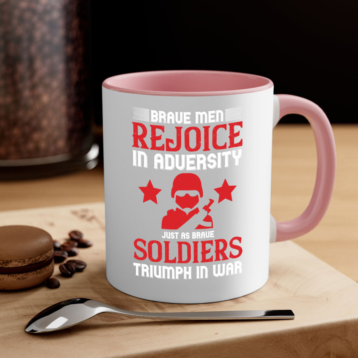 Brave Men Rejoice in Adversity Mug with colorful handle and glossy finish, available in multiple sizes.