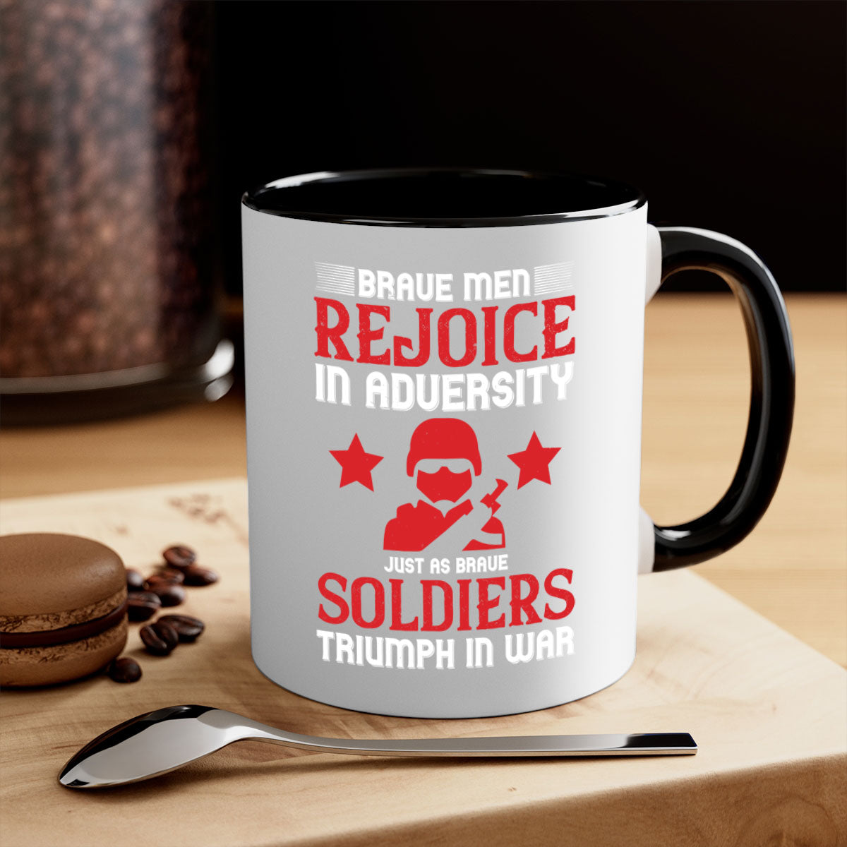 Brave Men Rejoice in Adversity Mug with colorful handle and glossy finish, available in multiple sizes.