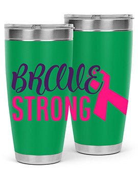 Brave Strong Style 15# Breast Cancer Tumbler in stainless steel with a pink breast cancer awareness design.