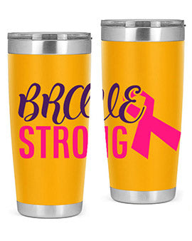 Brave Strong Style 15# Breast Cancer Tumbler in stainless steel with a pink breast cancer awareness design.