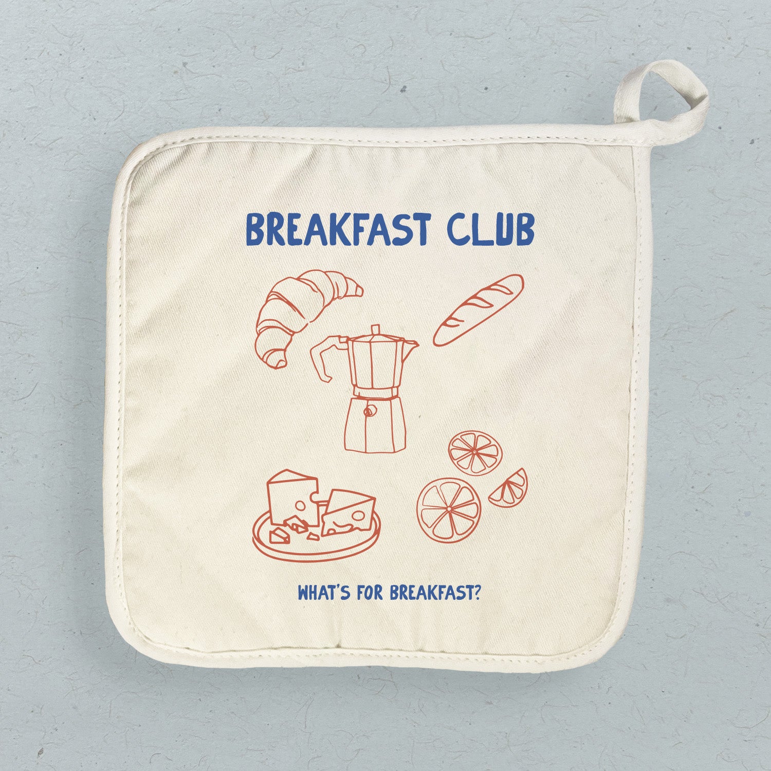 Breakfast Club Cotton Pot Holder in natural color with vibrant designs, featuring a convenient hanging loop.