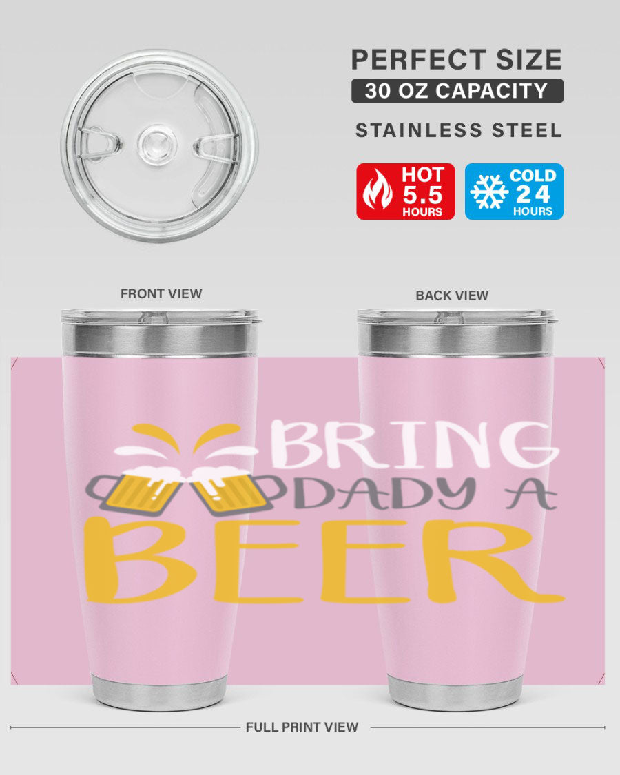 Bring a Daddy Beer 118# Tumbler in stainless steel with a drink-thru lid, showcasing its sleek design and double wall insulation.