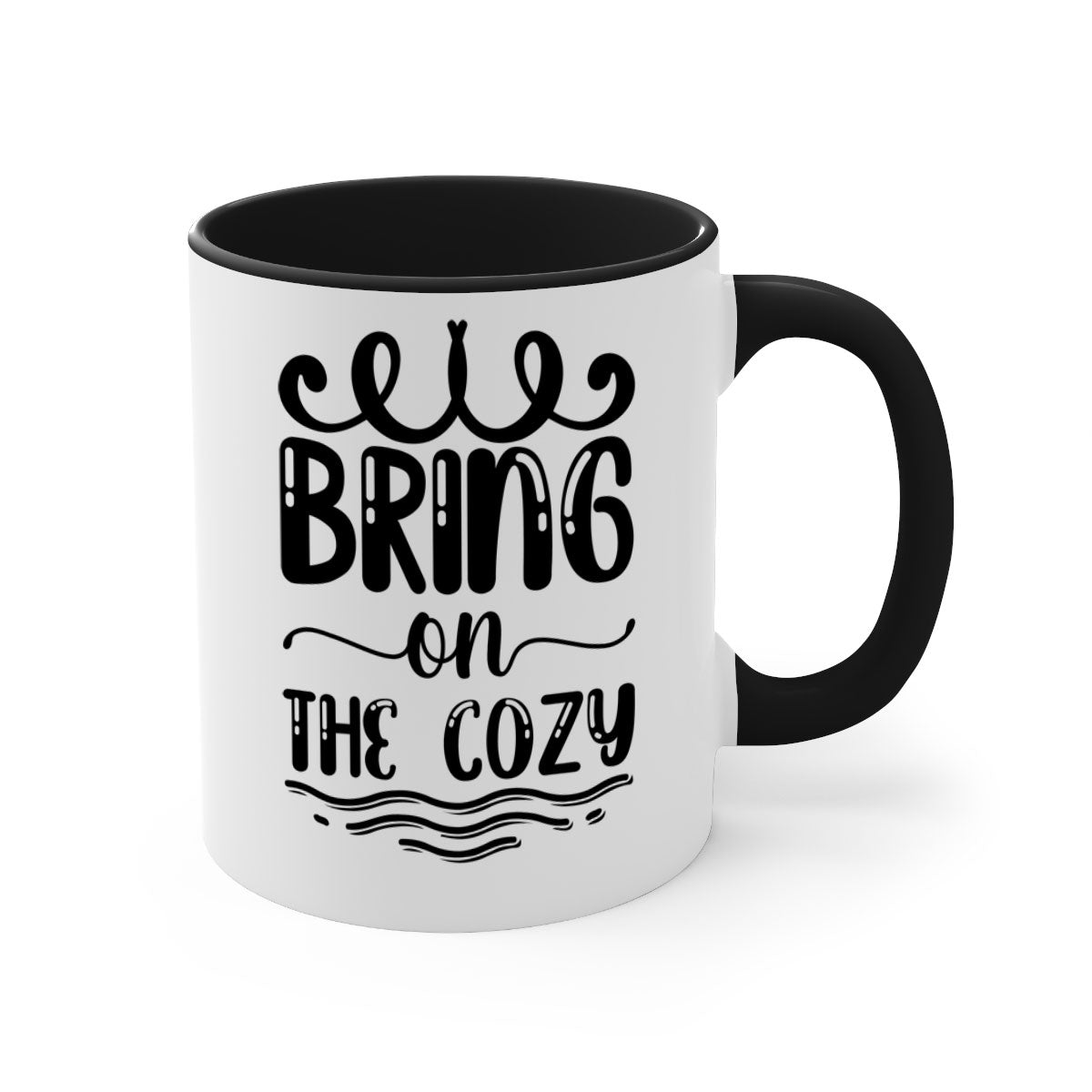 Bring on the Cozy 26# winter mug featuring a glossy finish, colored handle, and interior, available in multiple colors and sizes.