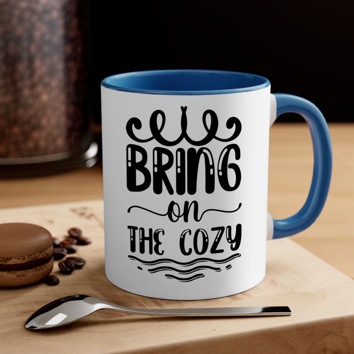 Bring on the Cozy 26# winter mug featuring a glossy finish, colored handle, and interior, available in multiple colors and sizes.