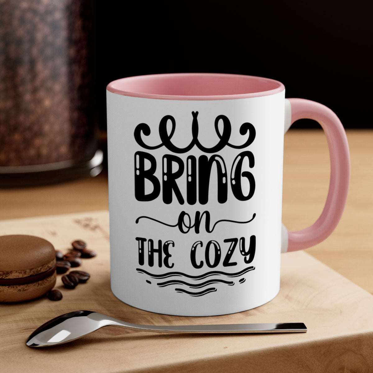 Bring on the Cozy 26# winter mug featuring a glossy finish, colored handle, and interior, available in multiple colors and sizes.