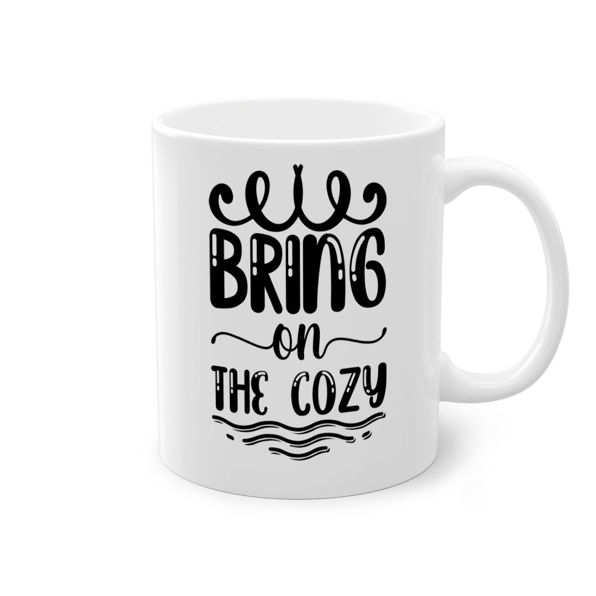 Bring on the Cozy 26# winter mug featuring a glossy finish, colored handle, and interior, available in multiple colors and sizes.