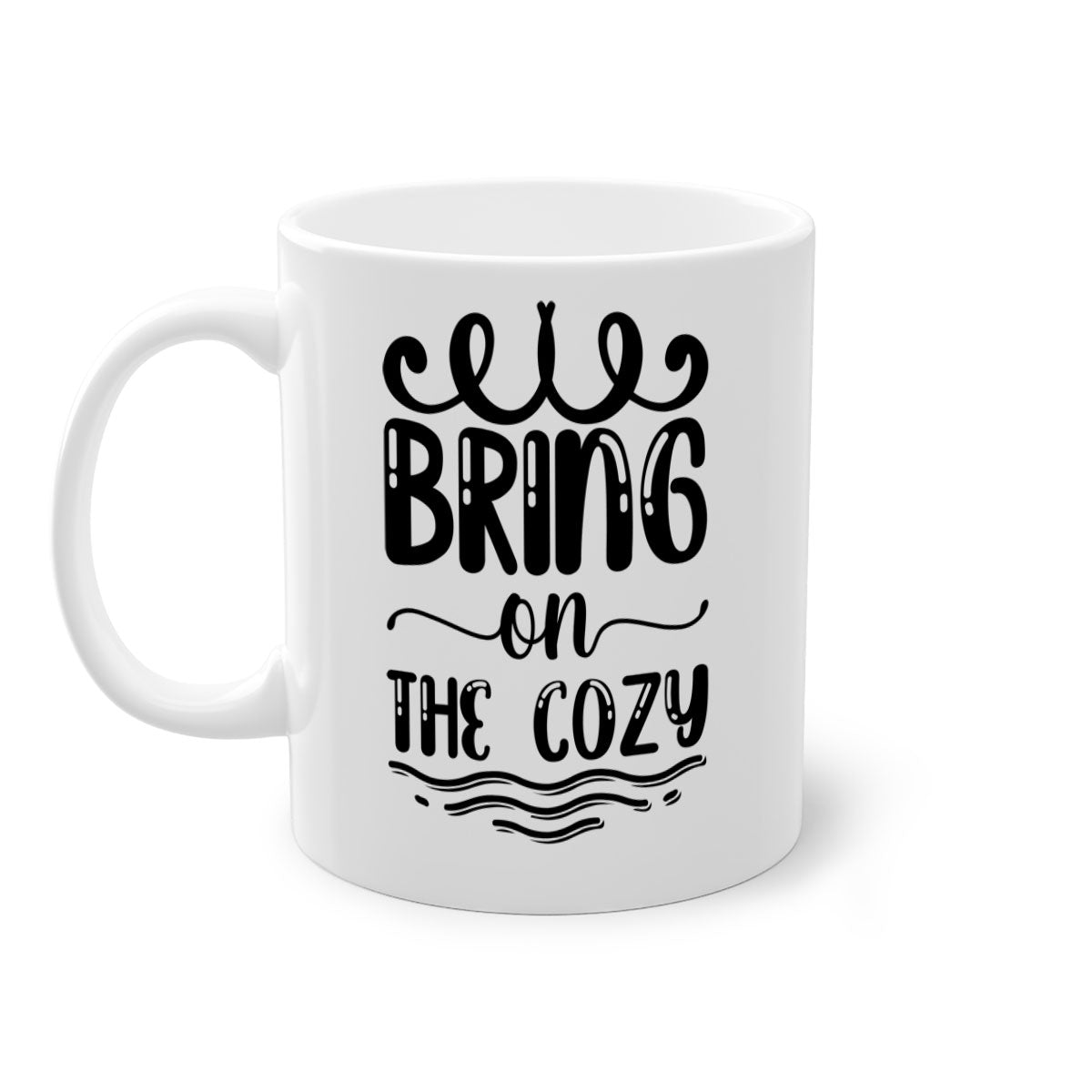 Bring on the Cozy 26# winter mug featuring a glossy finish, colored handle, and interior, available in multiple colors and sizes.