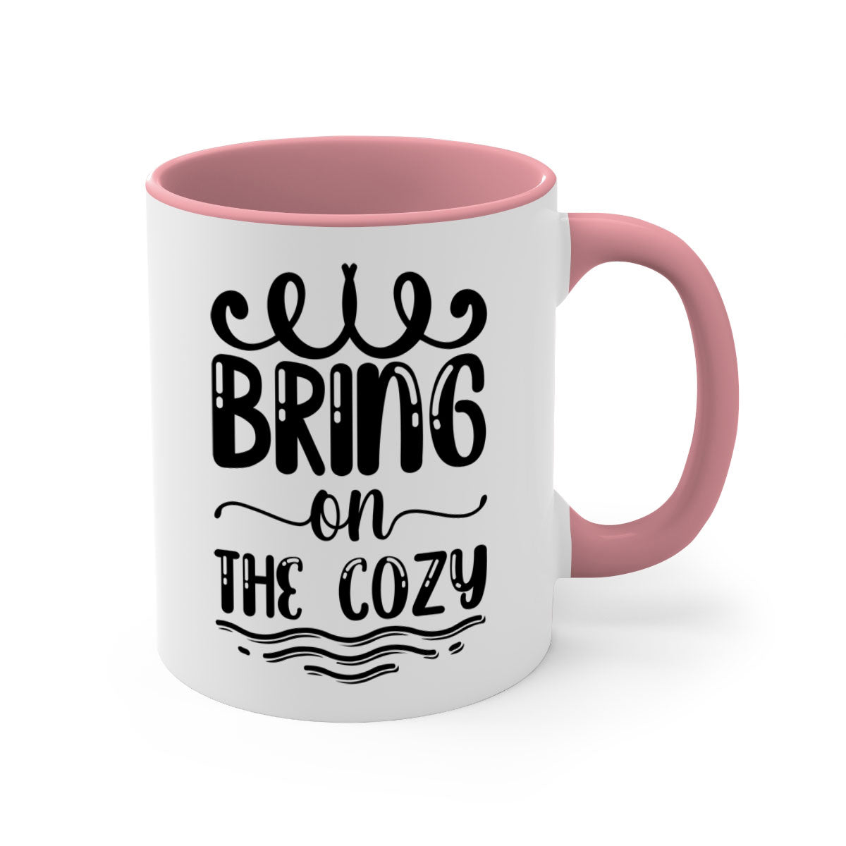 Bring on the Cozy 26# winter mug featuring a glossy finish, colored handle, and interior, available in multiple colors and sizes.