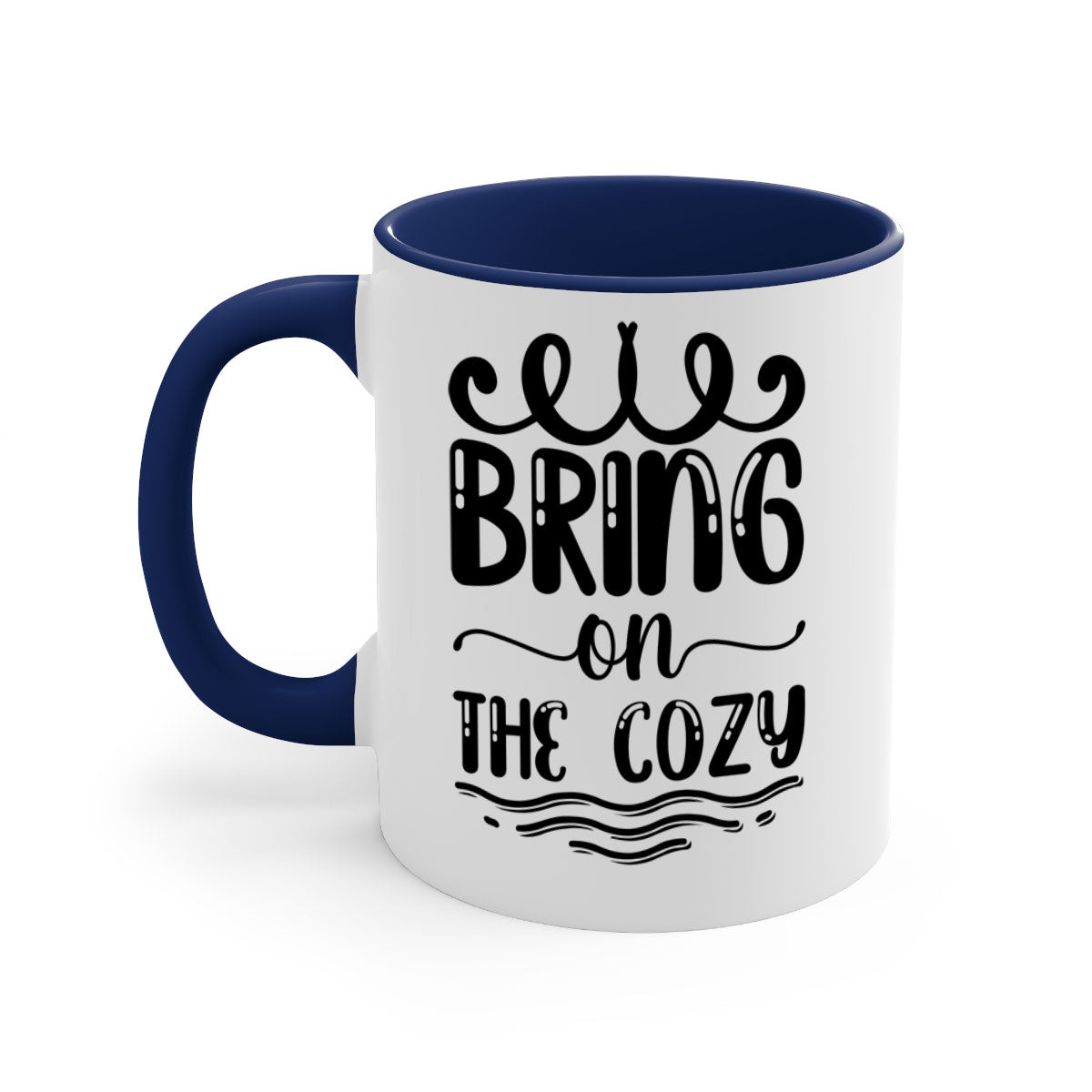 Bring on the Cozy 26# winter mug featuring a glossy finish, colored handle, and interior, available in multiple colors and sizes.