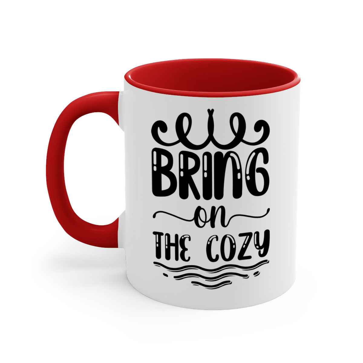 Bring on the Cozy 26# winter mug featuring a glossy finish, colored handle, and interior, available in multiple colors and sizes.