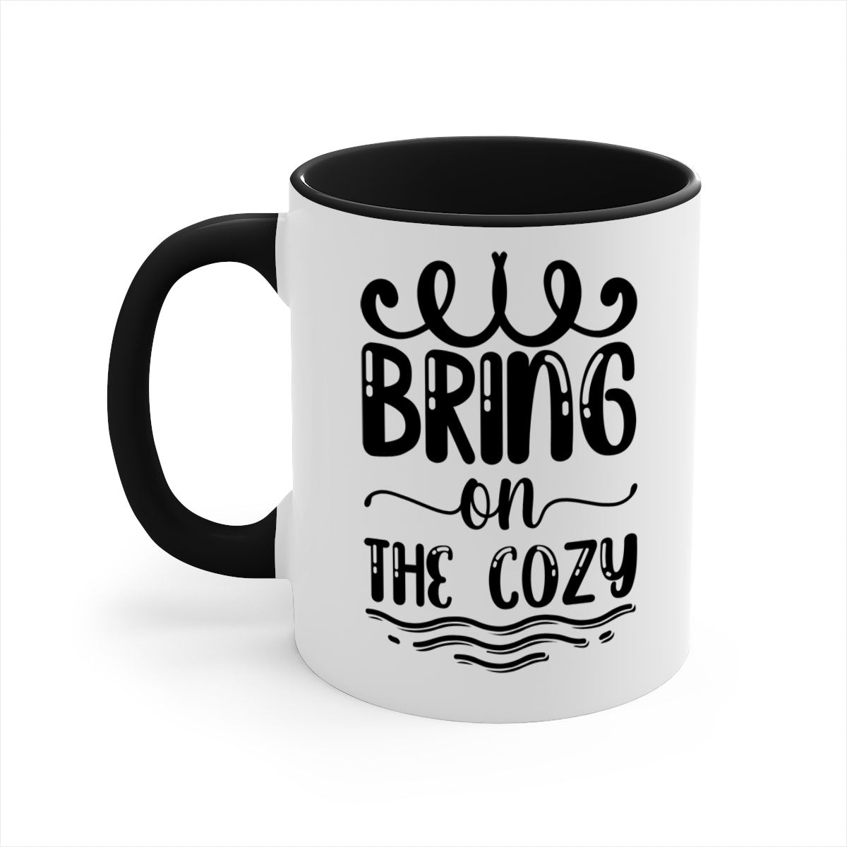 Bring on the Cozy 26# winter mug featuring a glossy finish, colored handle, and interior, available in multiple colors and sizes.