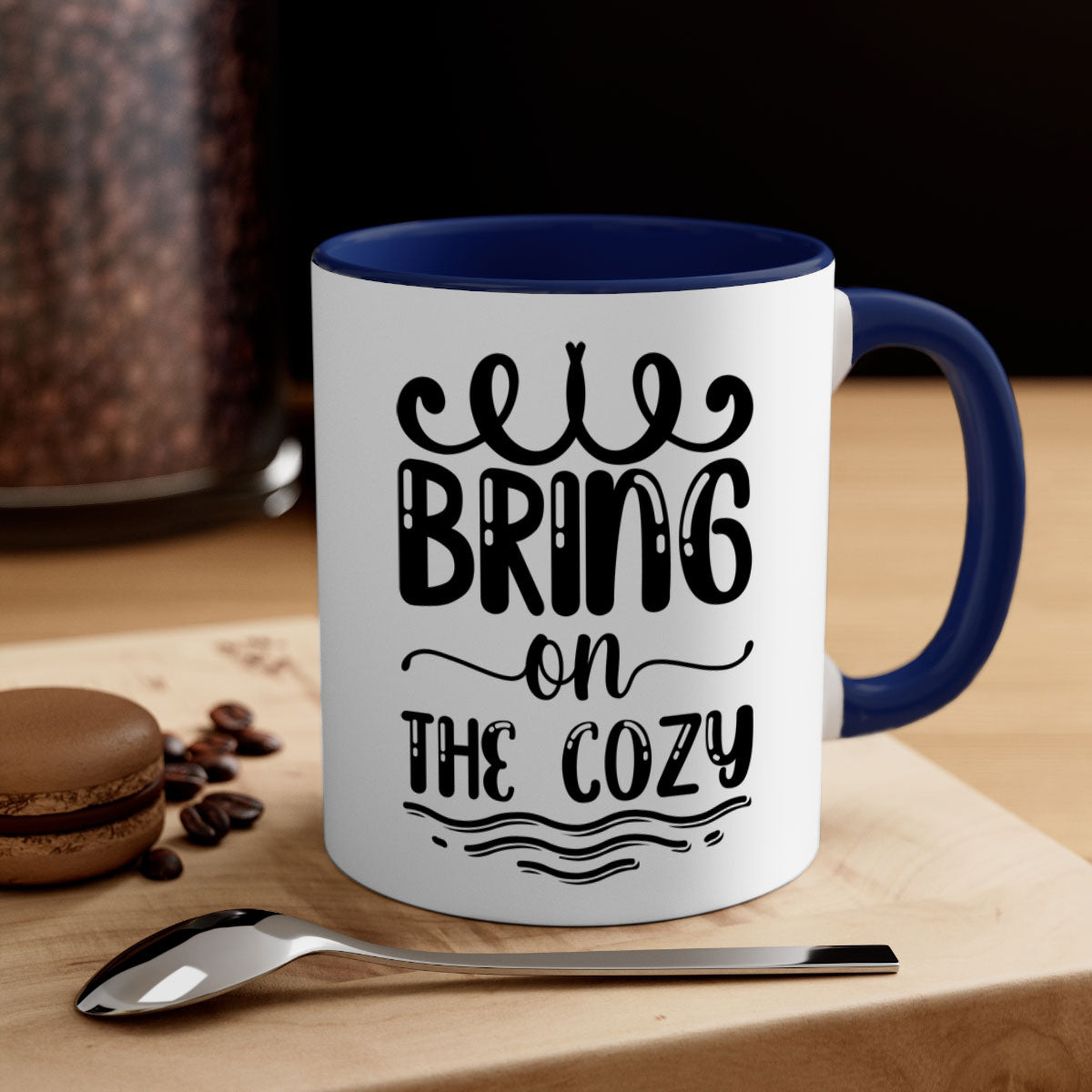 Bring on the Cozy 26# winter mug featuring a glossy finish, colored handle, and interior, available in multiple colors and sizes.