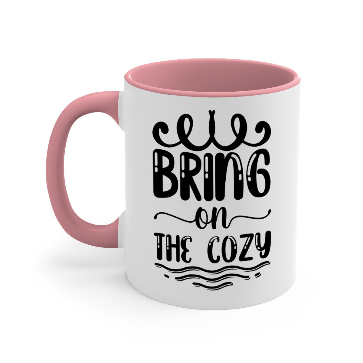 Bring on the Cozy 26# winter mug featuring a glossy finish, colored handle, and interior, available in multiple colors and sizes.