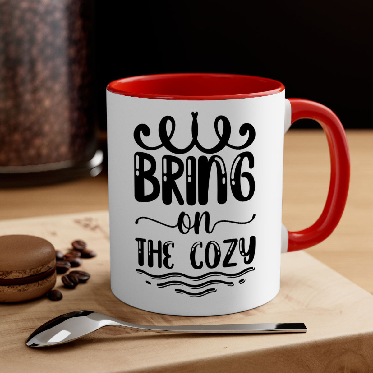 Bring on the Cozy 26# winter mug featuring a glossy finish, colored handle, and interior, available in multiple colors and sizes.