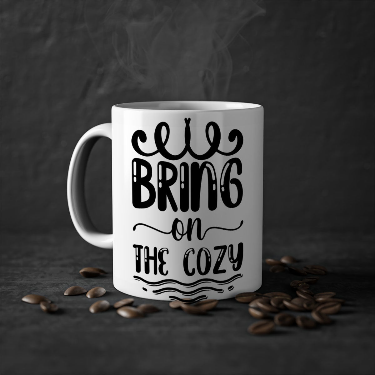 Bring on the Cozy 26# winter mug featuring a glossy finish, colored handle, and interior, available in multiple colors and sizes.