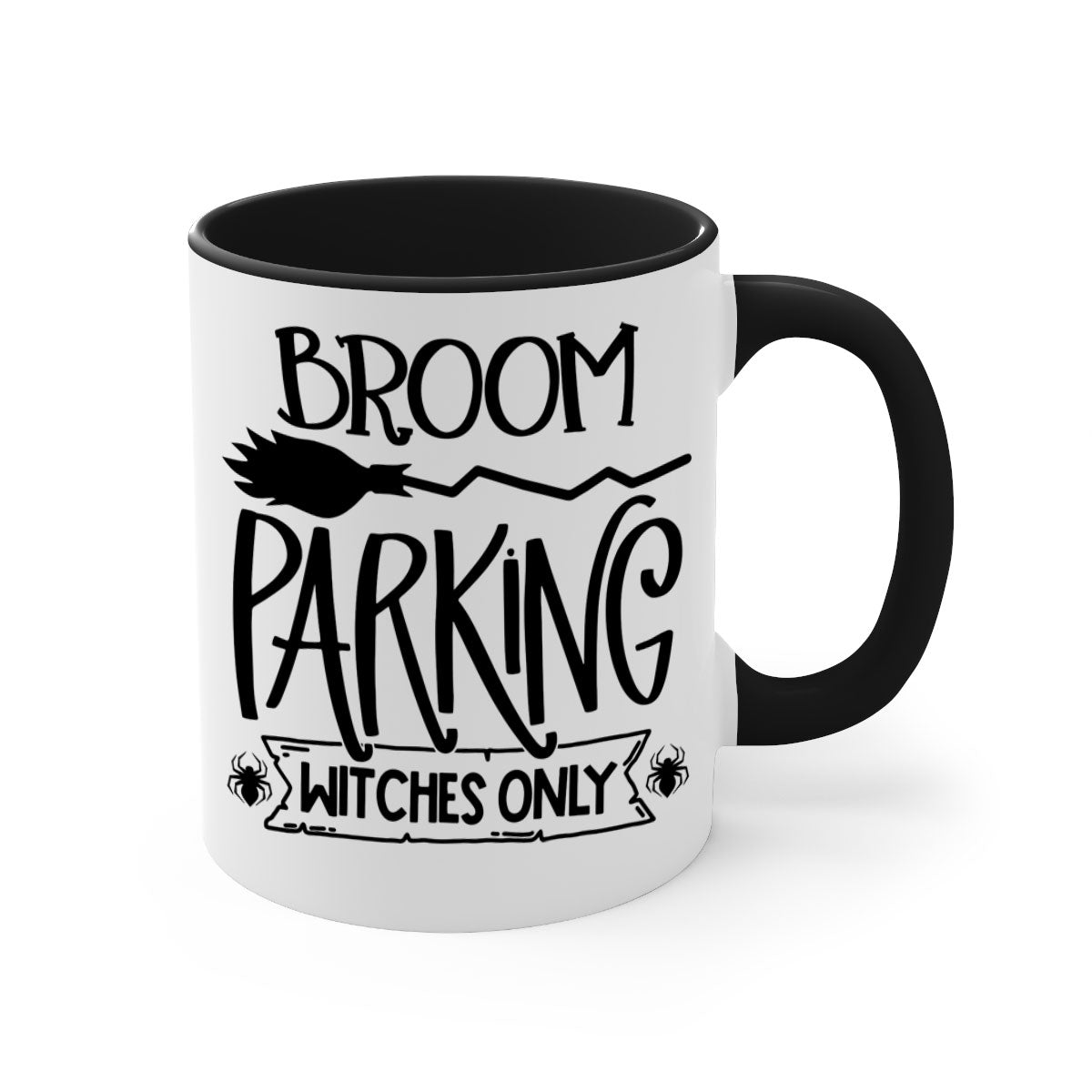 Broom Parking Witches Only Mug with colorful handle and glossy finish, perfect for Halloween coffee lovers.