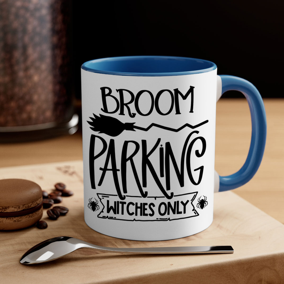 Broom Parking Witches Only Mug with colorful handle and glossy finish, perfect for Halloween coffee lovers.