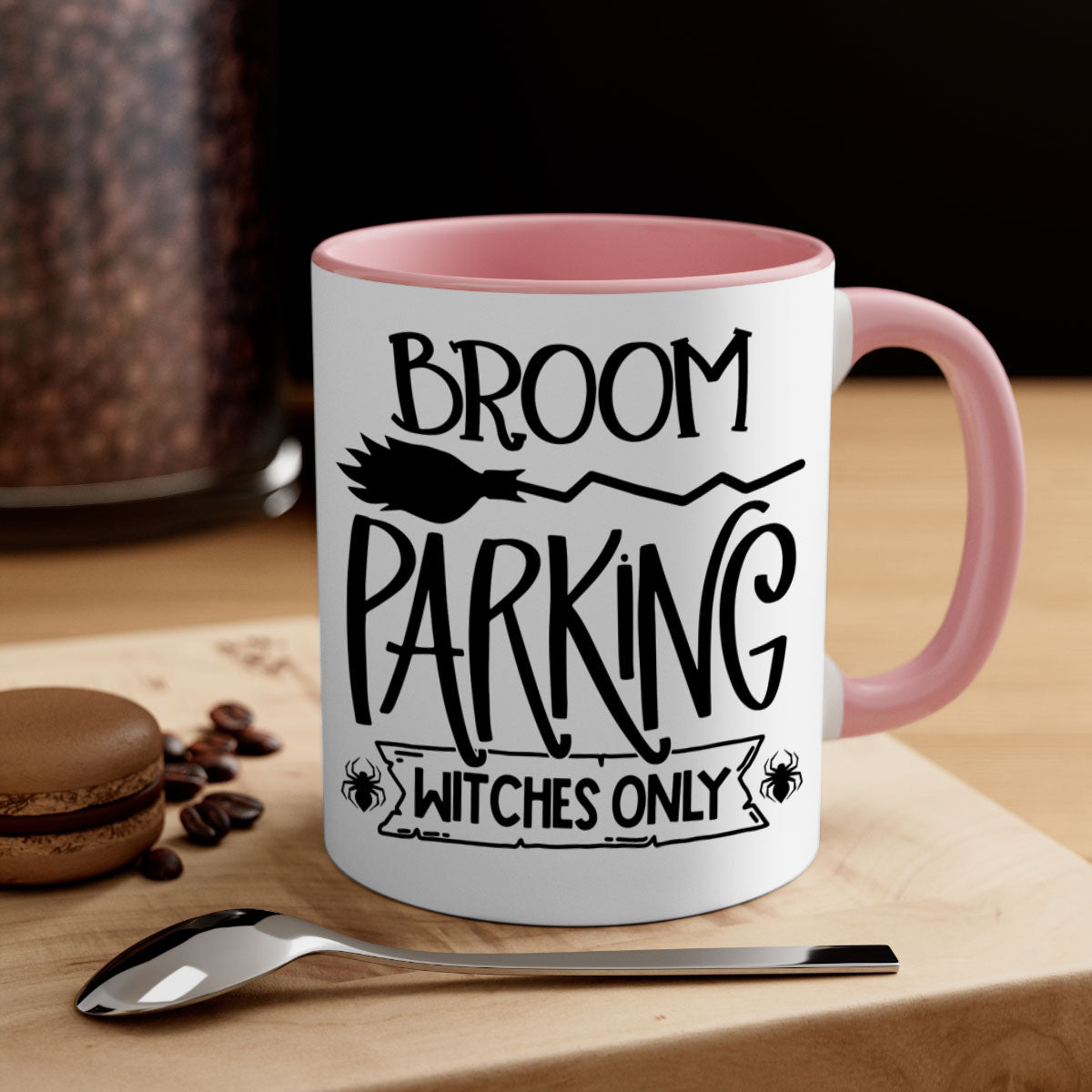 Broom Parking Witches Only Mug with colorful handle and glossy finish, perfect for Halloween coffee lovers.