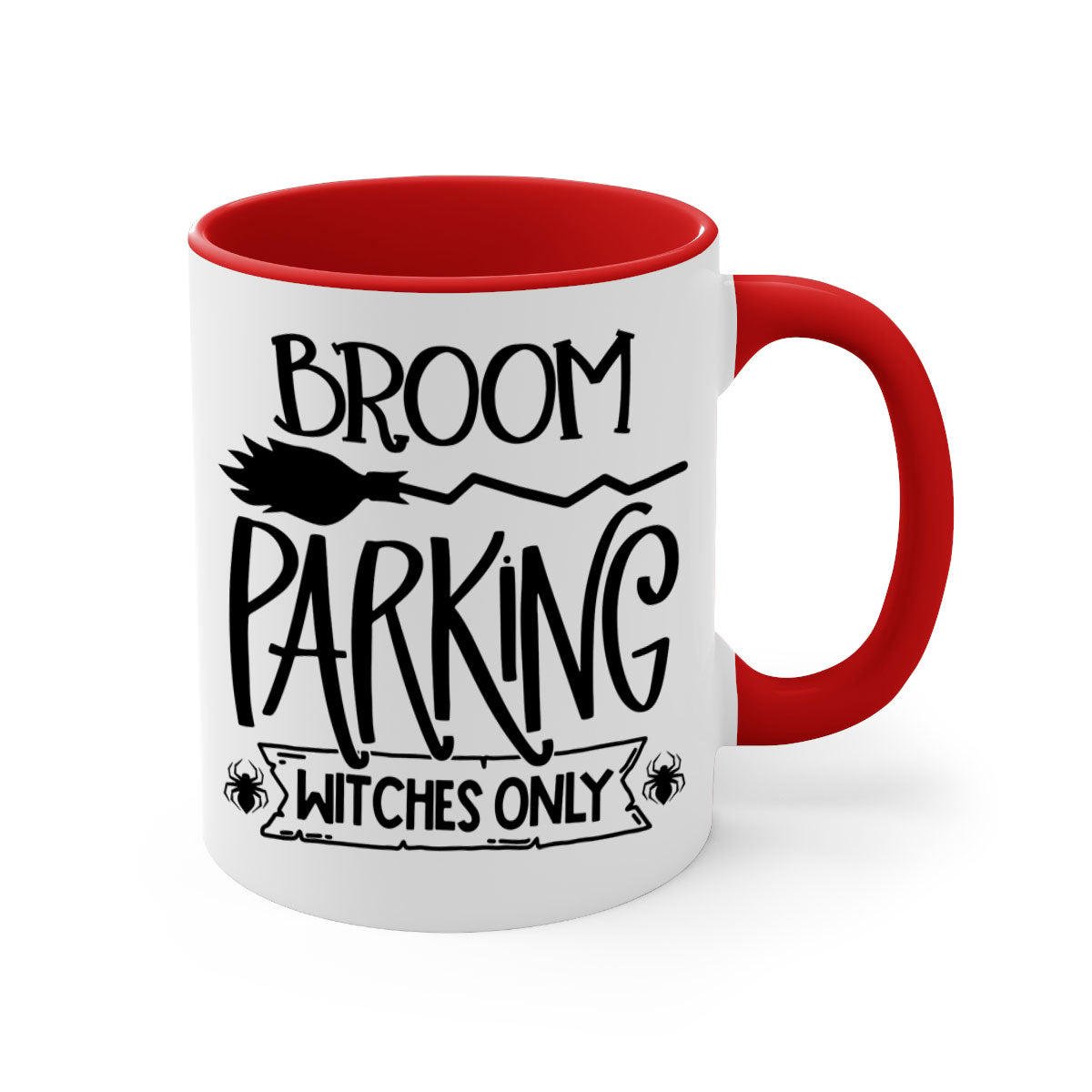 Broom Parking Witches Only Mug with colorful handle and glossy finish, perfect for Halloween coffee lovers.