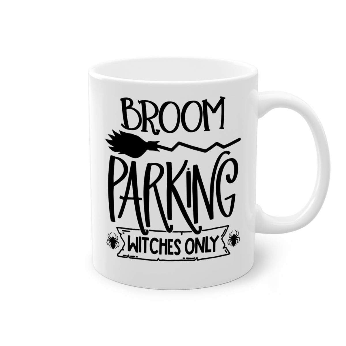 Broom Parking Witches Only Mug with colorful handle and glossy finish, perfect for Halloween coffee lovers.