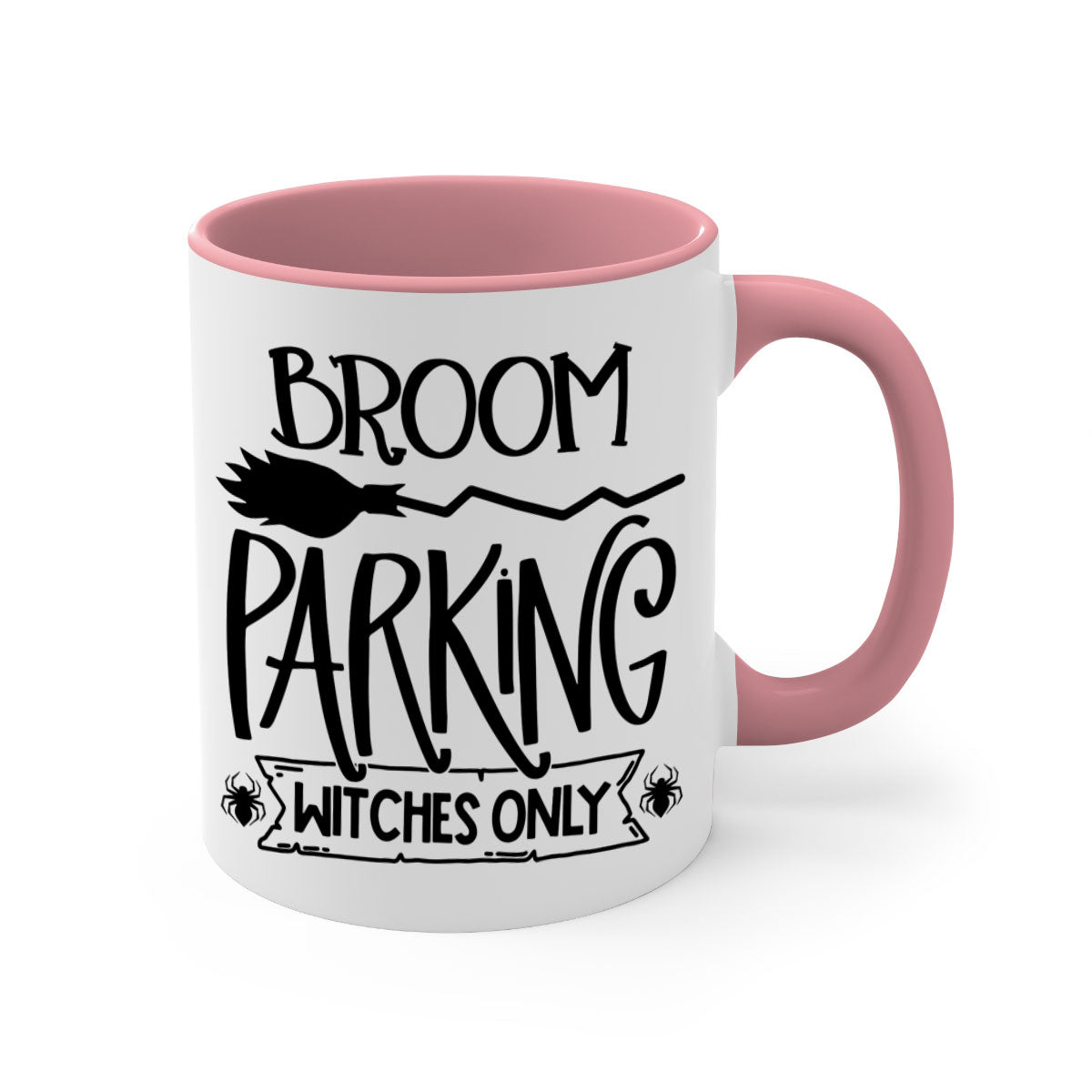 Broom Parking Witches Only Mug with colorful handle and glossy finish, perfect for Halloween coffee lovers.