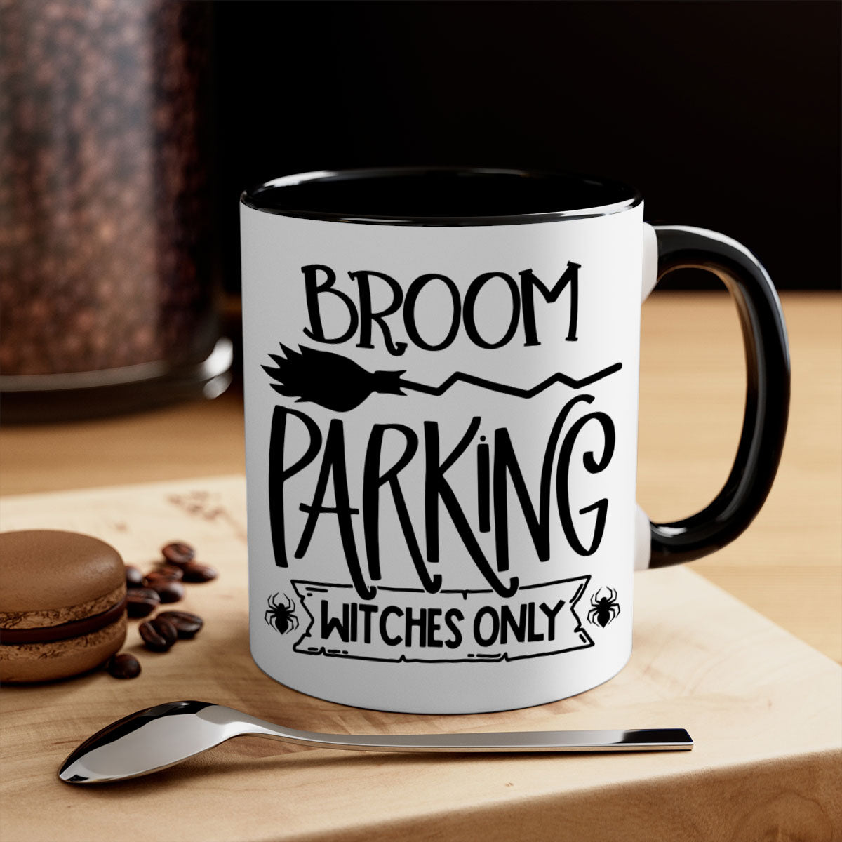 Broom Parking Witches Only Mug with colorful handle and glossy finish, perfect for Halloween coffee lovers.