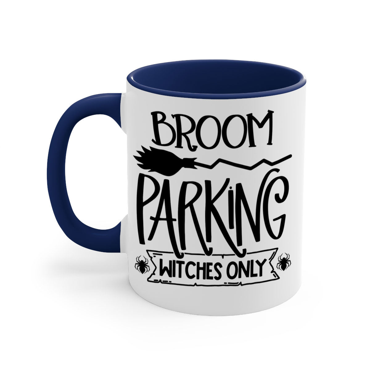 Broom Parking Witches Only Mug with colorful handle and glossy finish, perfect for Halloween coffee lovers.