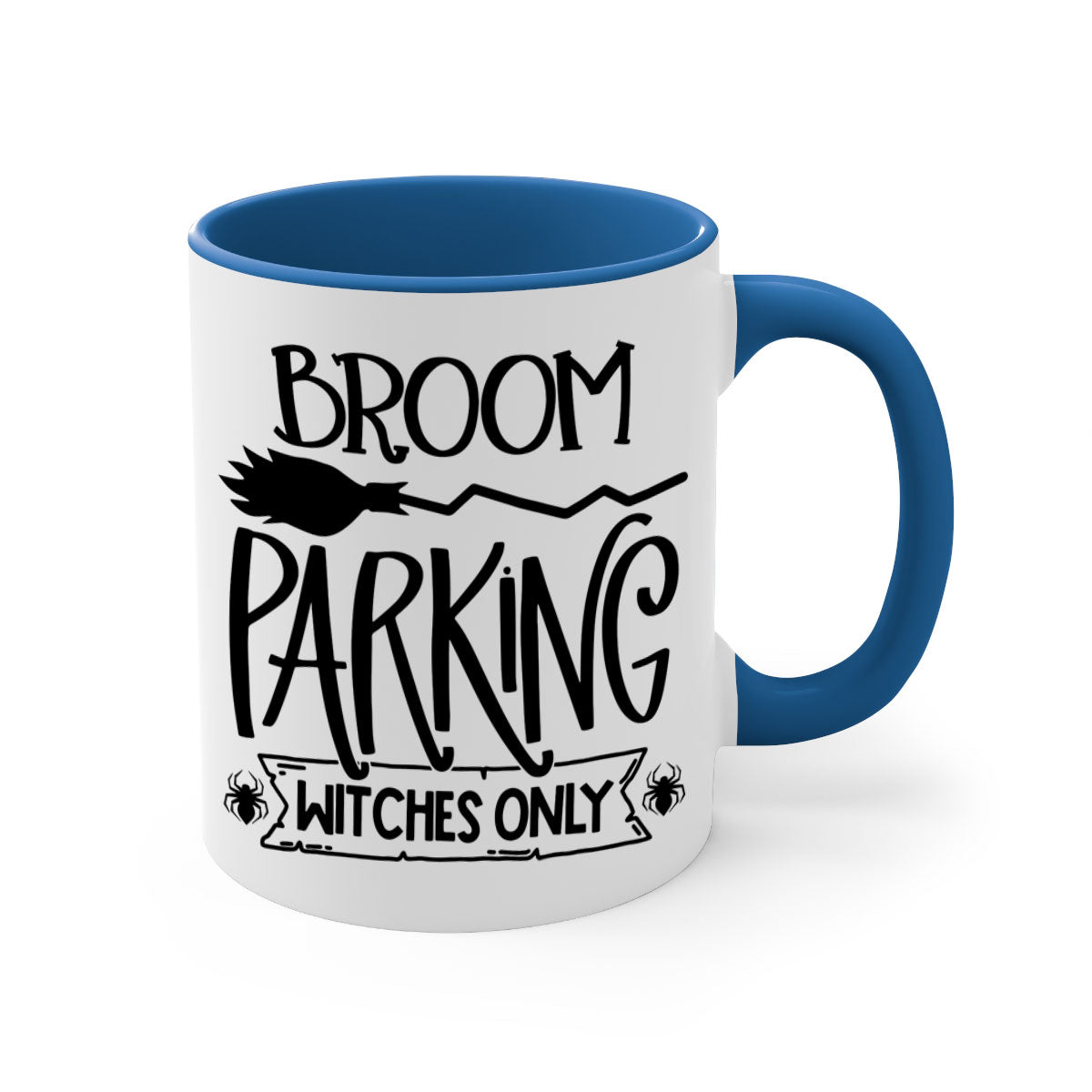 Broom Parking Witches Only Mug with colorful handle and glossy finish, perfect for Halloween coffee lovers.