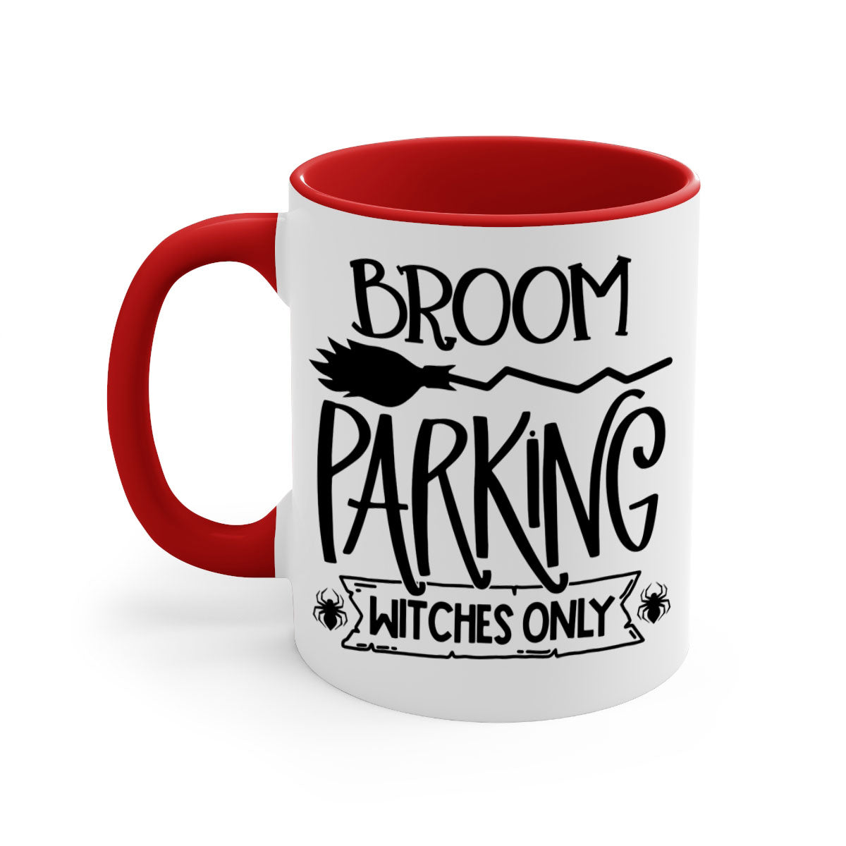 Broom Parking Witches Only Mug with colorful handle and glossy finish, perfect for Halloween coffee lovers.