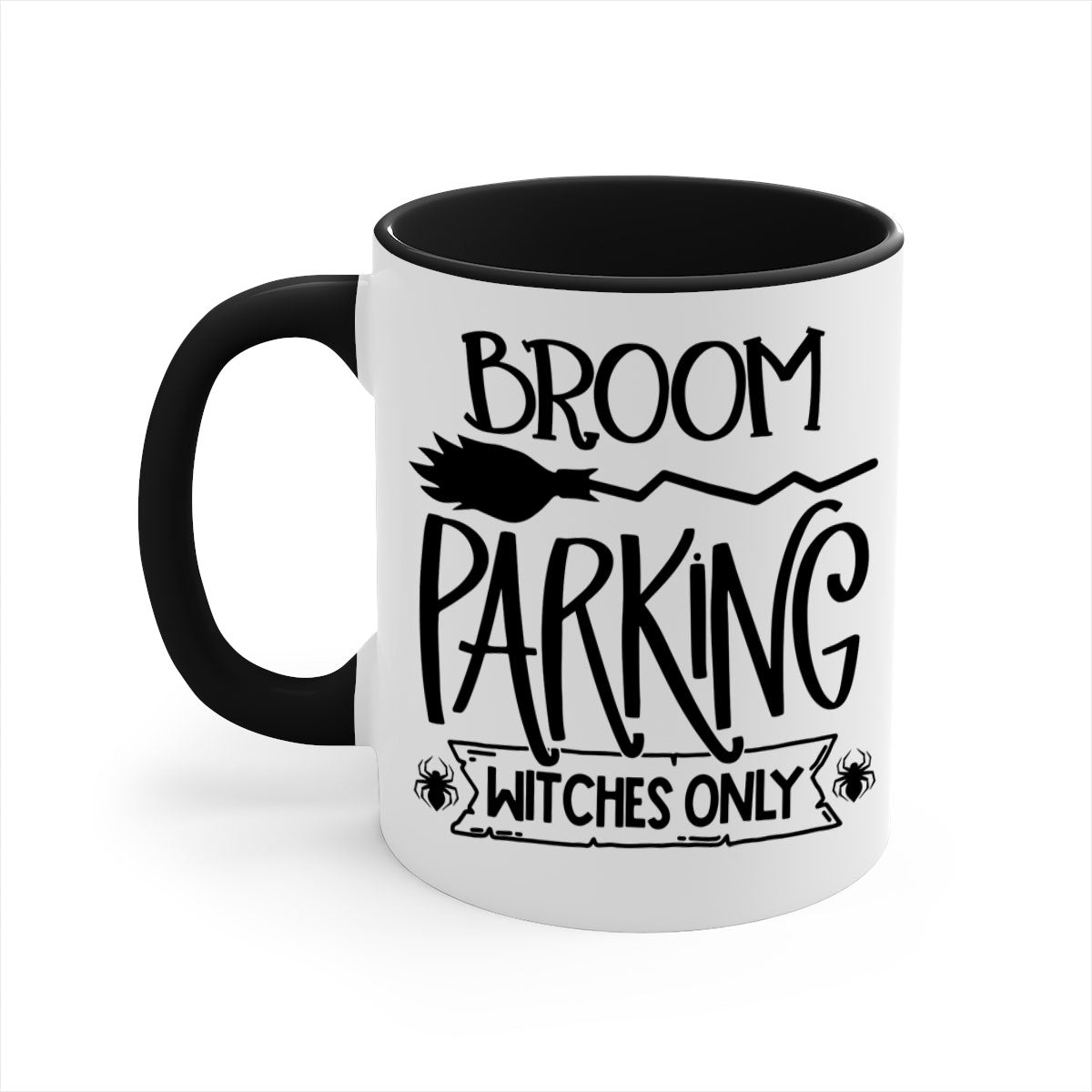 Broom Parking Witches Only Mug with colorful handle and glossy finish, perfect for Halloween coffee lovers.