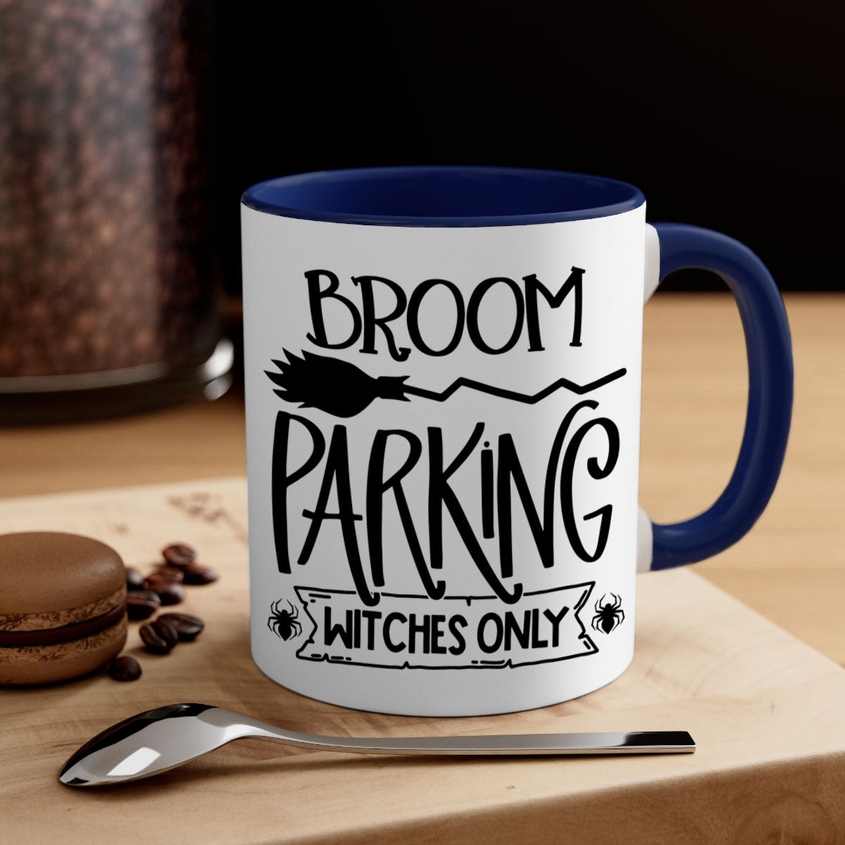 Broom Parking Witches Only Mug with colorful handle and glossy finish, perfect for Halloween coffee lovers.