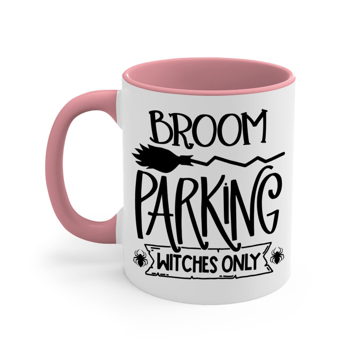 Broom Parking Witches Only Mug with colorful handle and glossy finish, perfect for Halloween coffee lovers.