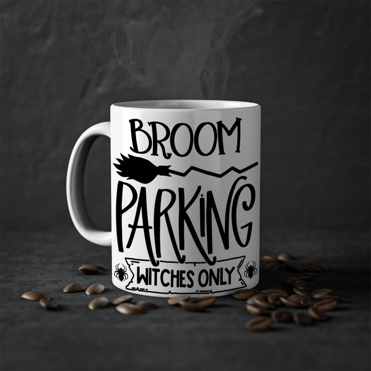 Broom Parking Witches Only Mug with colorful handle and glossy finish, perfect for Halloween coffee lovers.