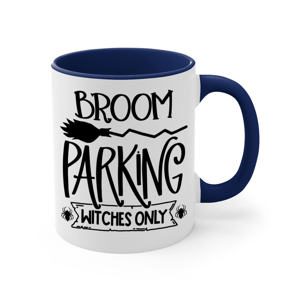 Broom Parking Witches Only Mug with colorful handle and glossy finish, perfect for Halloween coffee lovers.