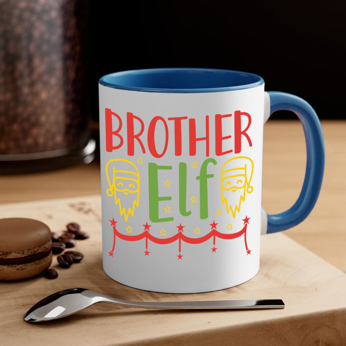 Brother Elf 297# Christmas Mug with colorful handle and glossy finish, available in multiple sizes.