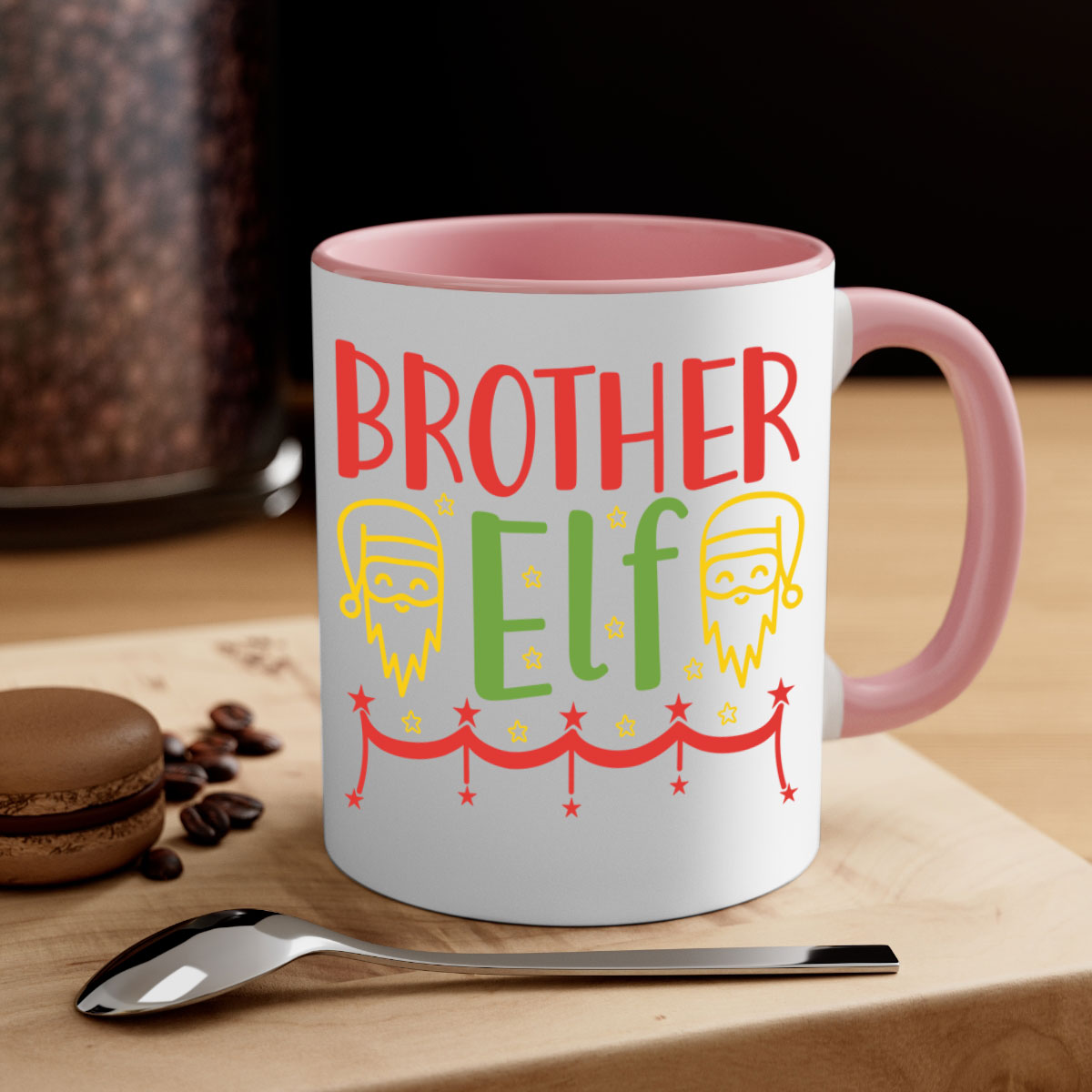 Brother Elf 297# Christmas Mug with colorful handle and glossy finish, available in multiple sizes.