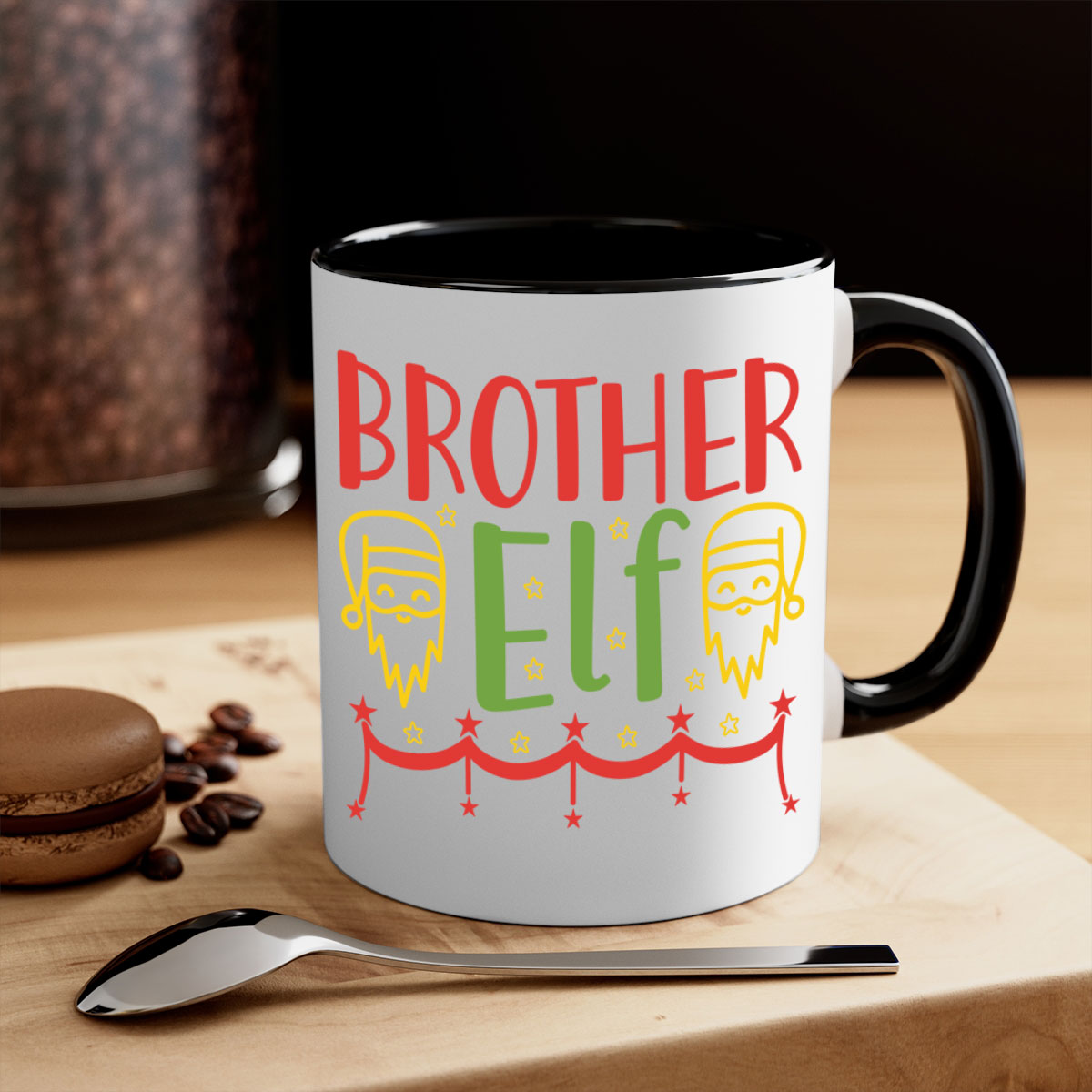 Brother Elf 297# Christmas Mug with colorful handle and glossy finish, available in multiple sizes.