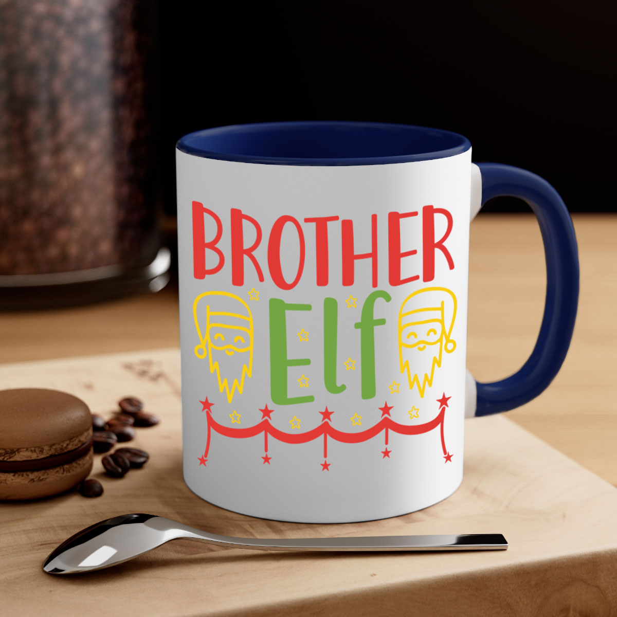 Brother Elf 297# Christmas Mug with colorful handle and glossy finish, available in multiple sizes.