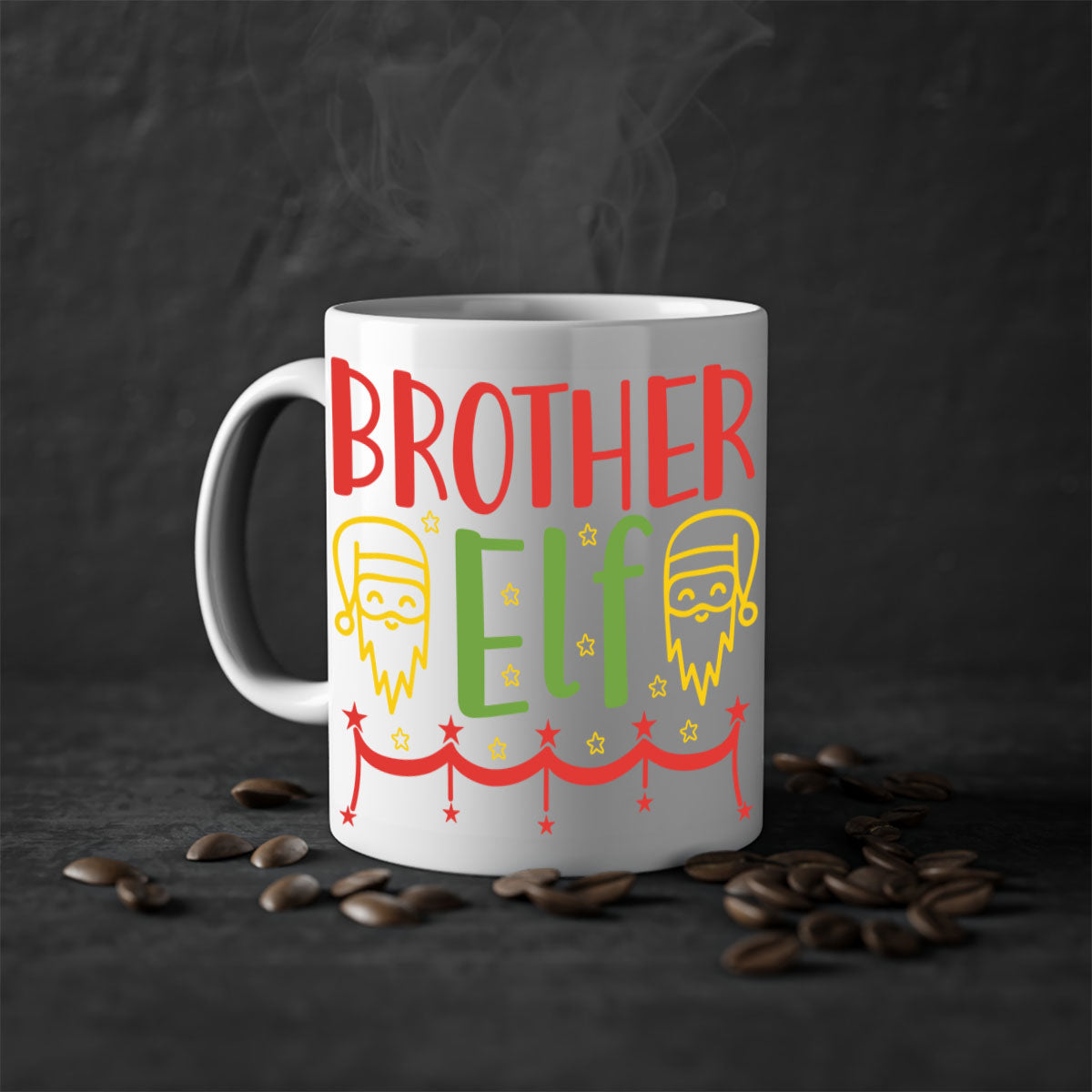 Brother Elf 297# Christmas Mug with colorful handle and glossy finish, available in multiple sizes.