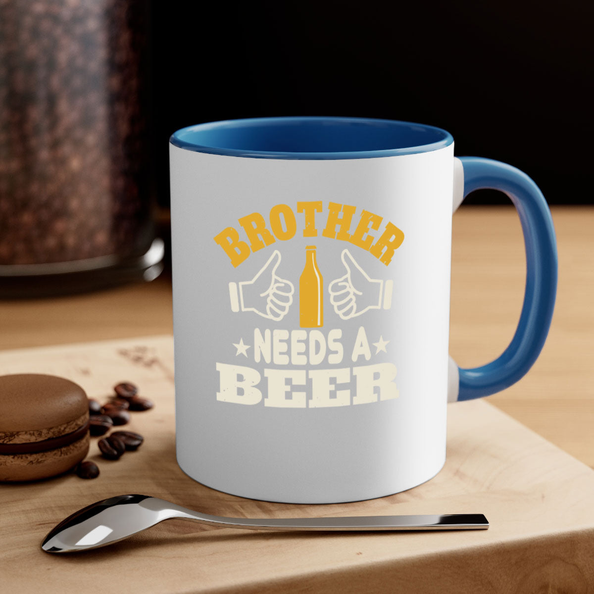 Brother Needs a Beer 97# Mug with colorful handle and glossy finish, perfect for coffee, tea, or beer.