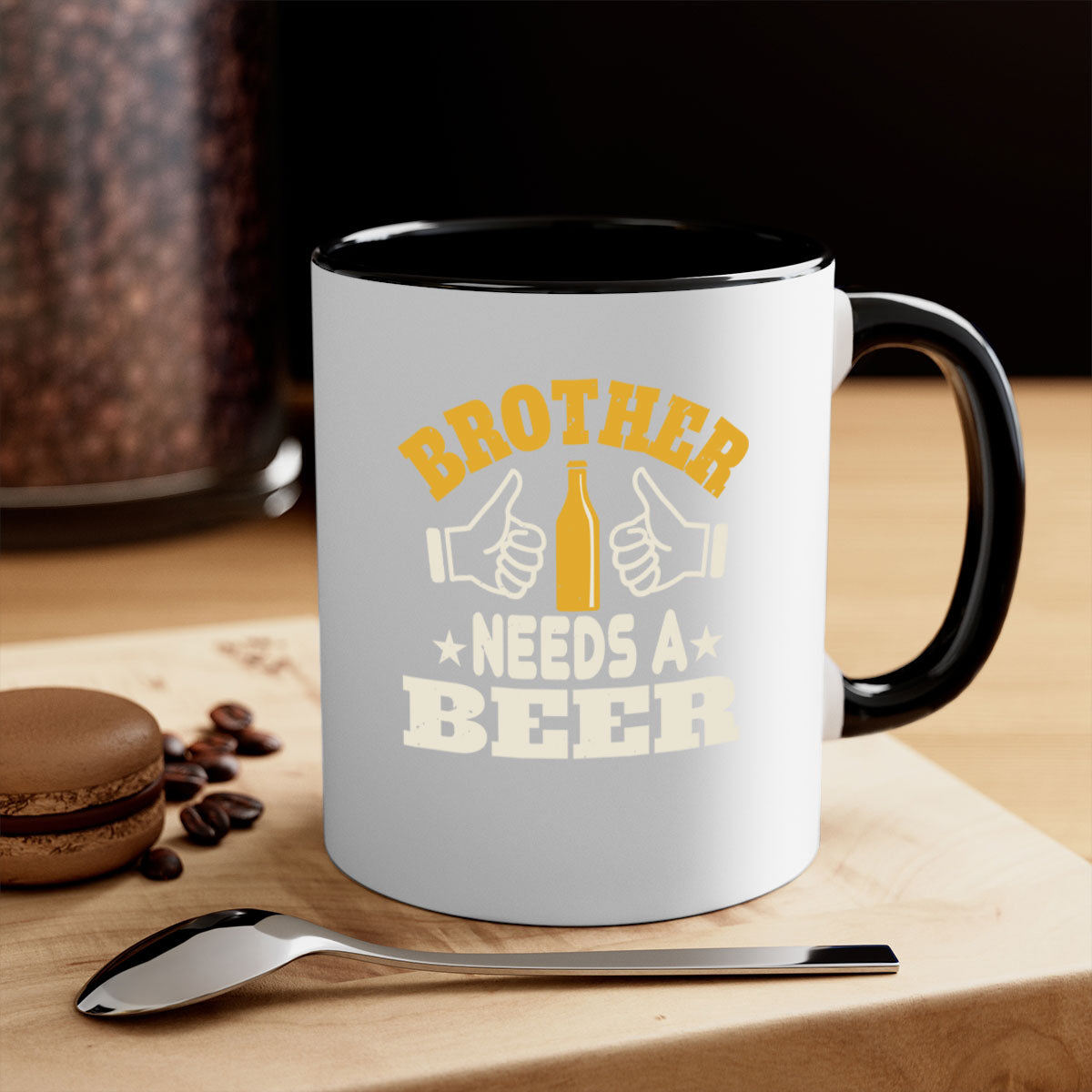 Brother Needs a Beer 97# Mug with colorful handle and glossy finish, perfect for coffee, tea, or beer.