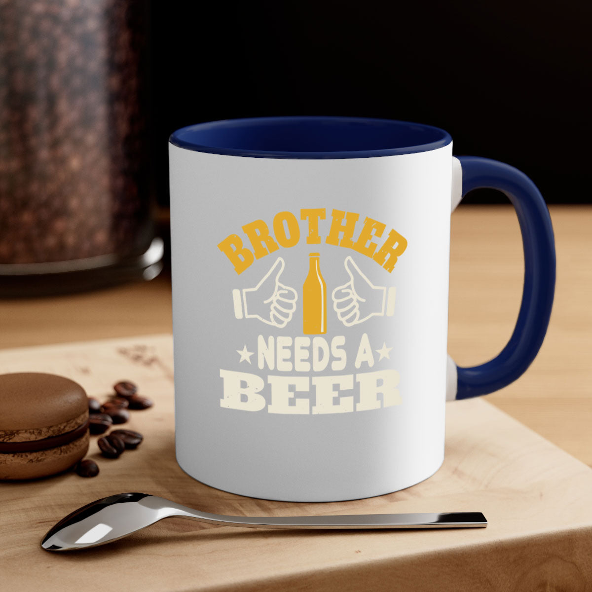 Brother Needs a Beer 97# Mug with colorful handle and glossy finish, perfect for coffee, tea, or beer.