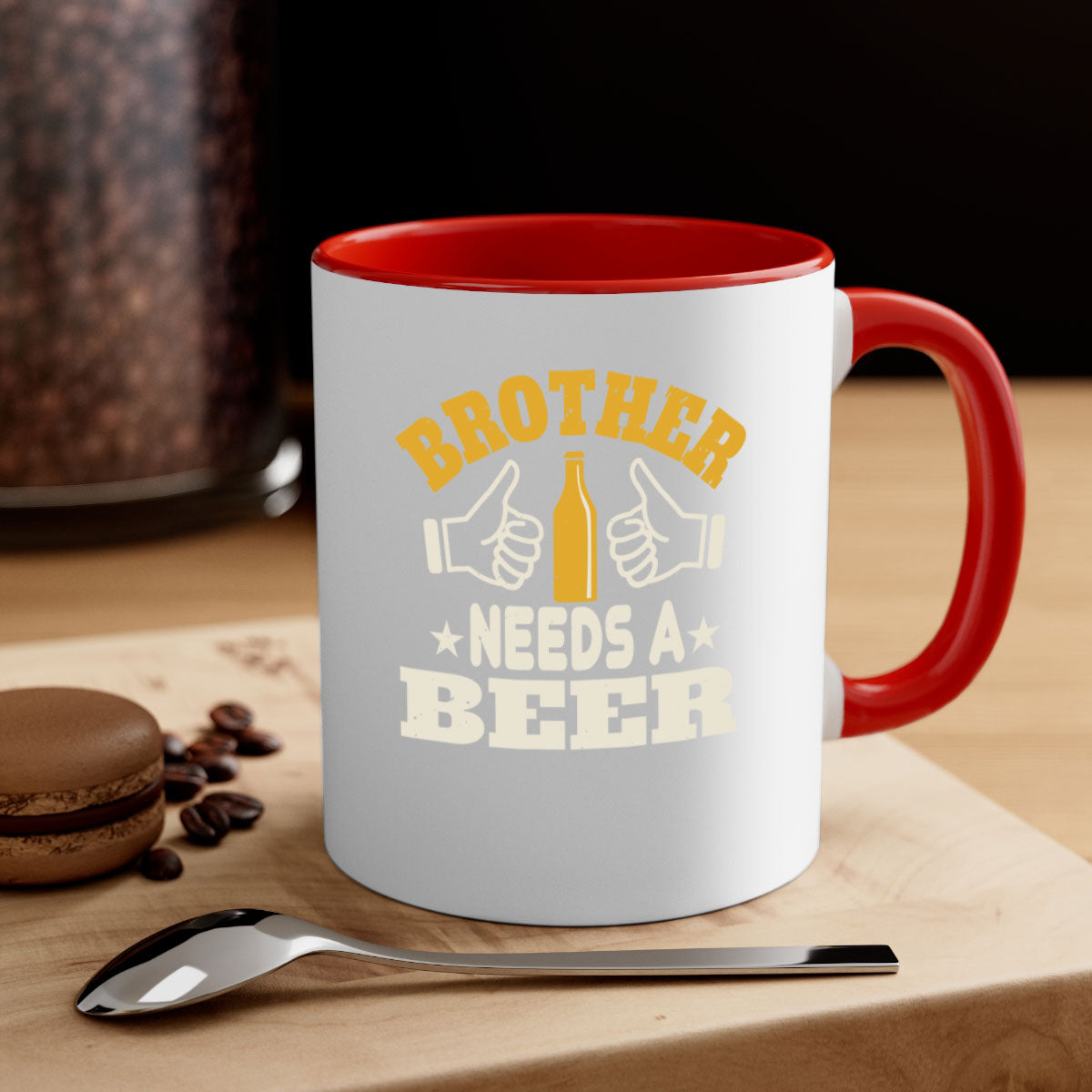 Brother Needs a Beer 97# Mug with colorful handle and glossy finish, perfect for coffee, tea, or beer.