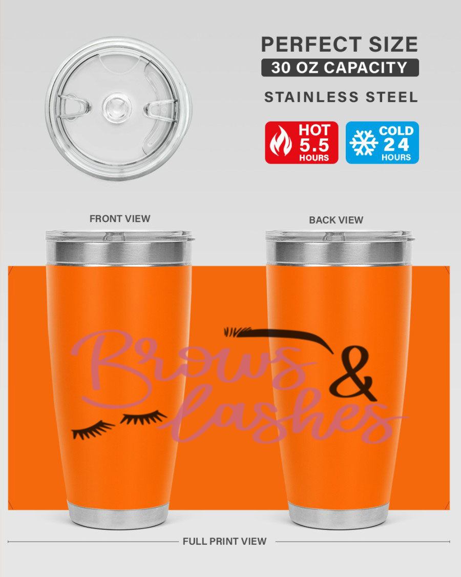 Brows Lashes Style 122# Tumbler in stainless steel with a stylish design, perfect for hot and cold beverages.