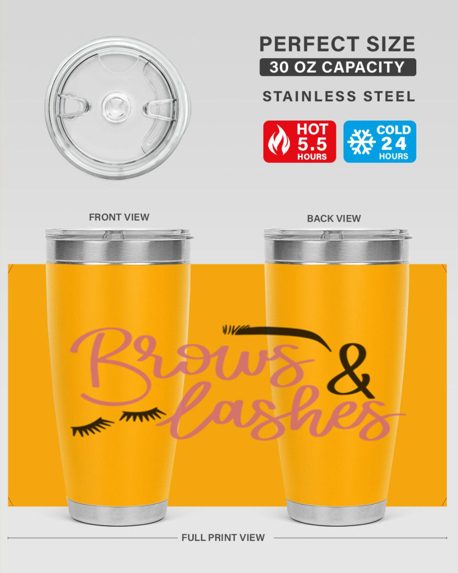 Brows Lashes Style 122# Tumbler in stainless steel with a stylish design, perfect for hot and cold beverages.